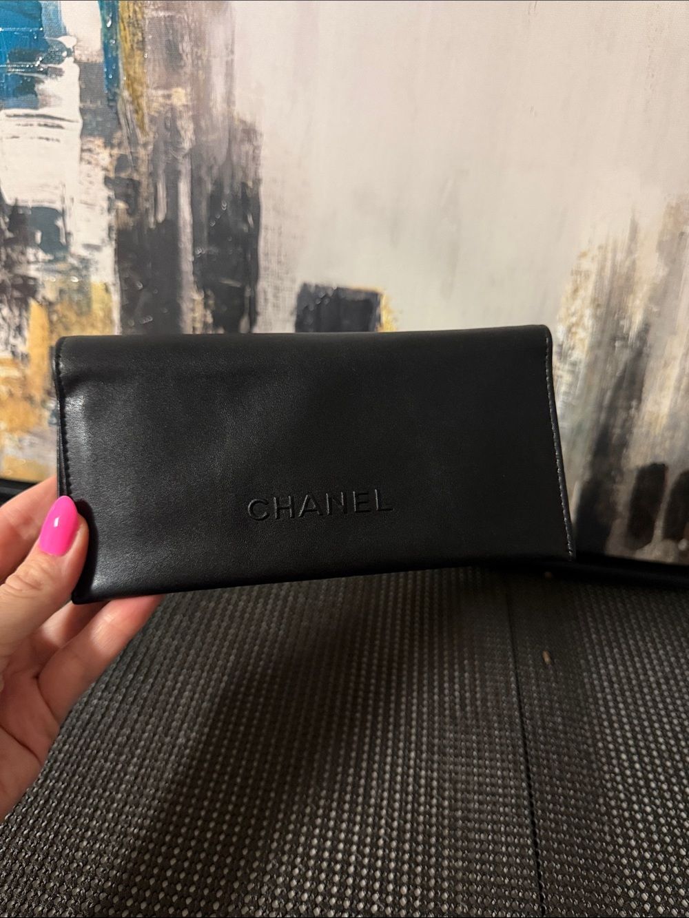 CHANEL Black Leather Logo Eyewear Pouch